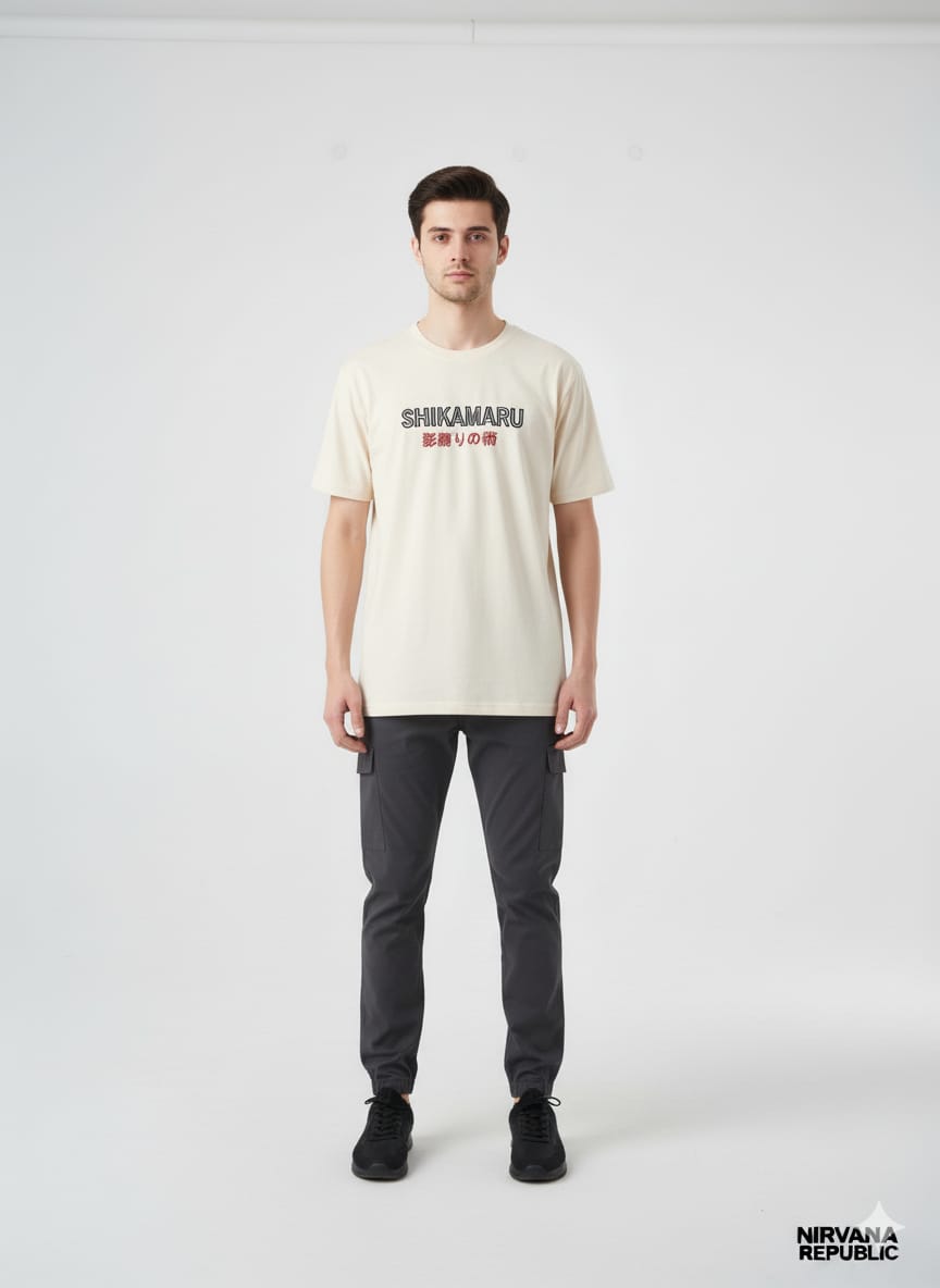 Naruto Shikamaru Nara Shadow Graphic T-Shirt | Cream/Beige Anime Tee