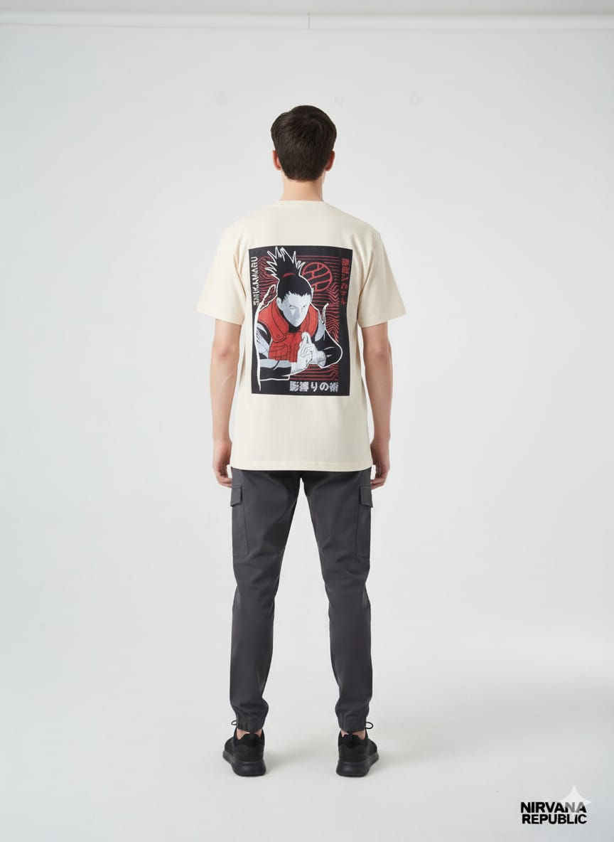 Naruto Shikamaru Nara Shadow Graphic T-Shirt | Cream/Beige Anime Tee