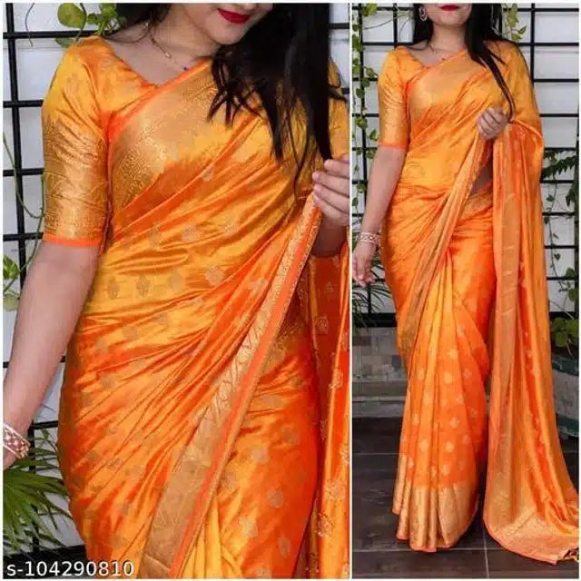 Banarsi Silk Saree For Women (Orange, 6.3m)