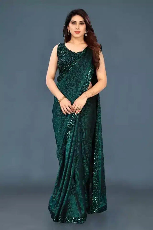Lycra Sequence Saree for Women (Green, 6.3 m)